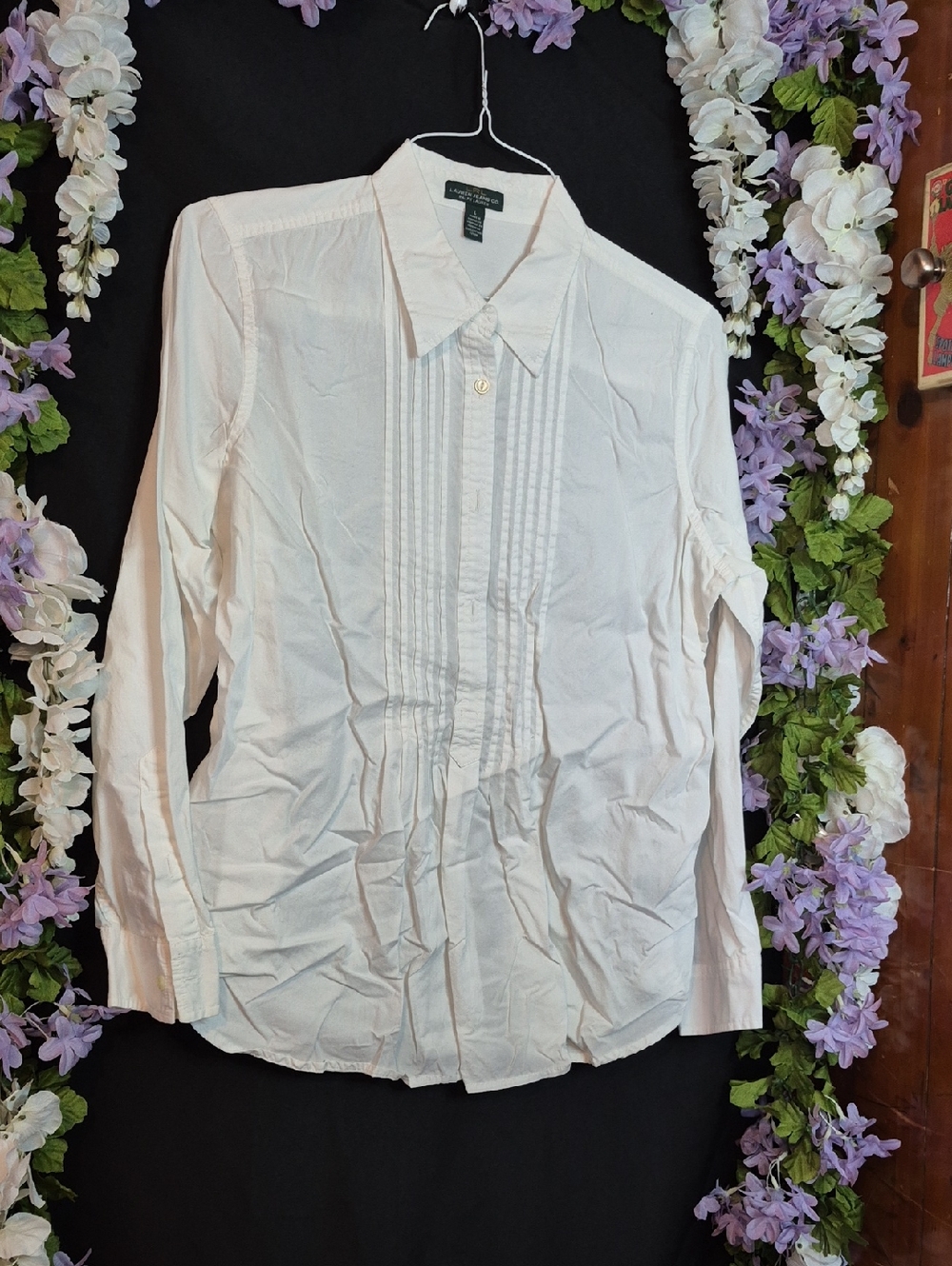 Lauren Ralph Lauren White Pleated Front Button-Down Blouse